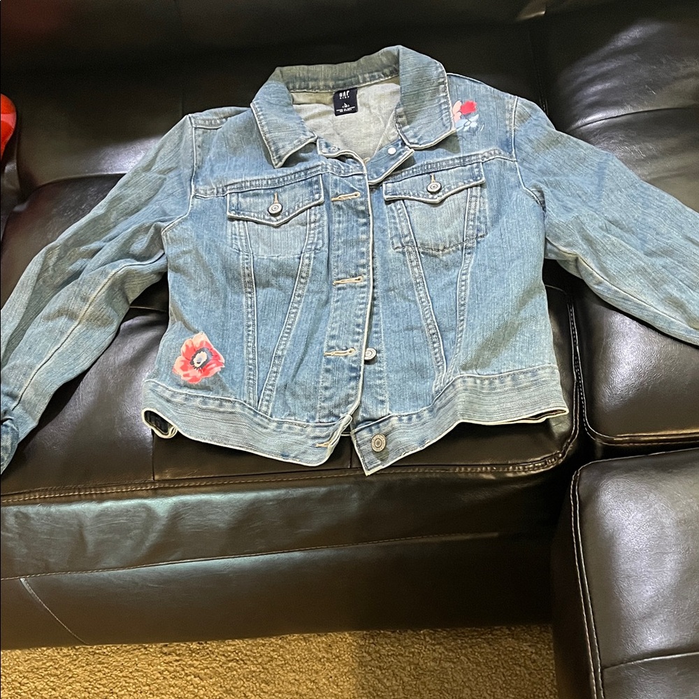 GAP girls Light Blue Denim Jacket with Pink Floral Appliqués